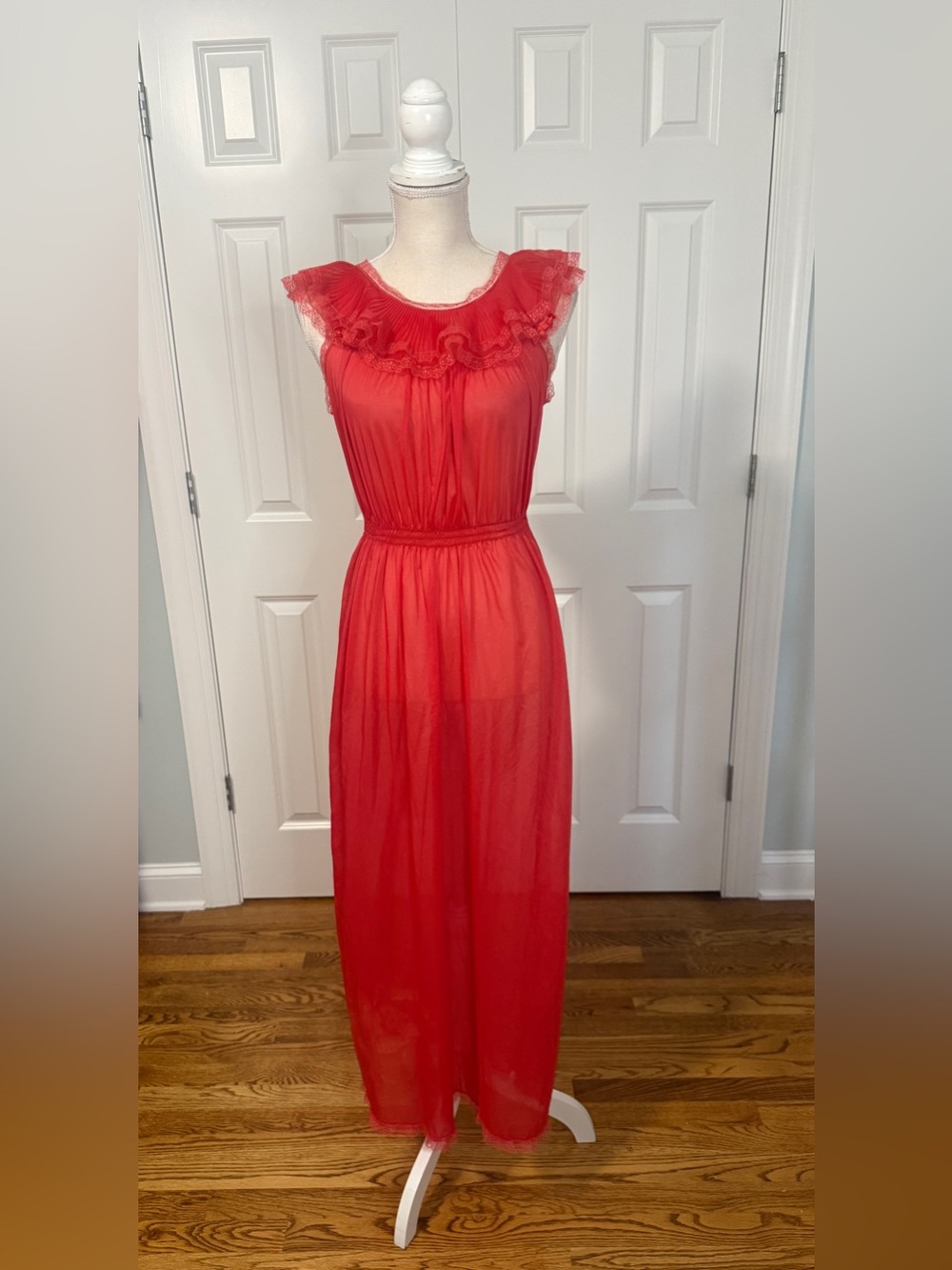 Vtg 60s Gilbreath Sheer Red Nylon Chiffon Nightgown Maxi Dress Ruffle Lace S